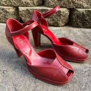 BCBG Paris red leather peep toe heels